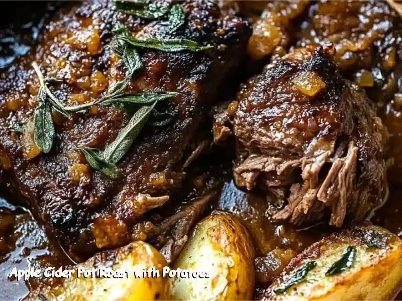 Apple Cider Pot Roast with Potatoes served in a rustic dish