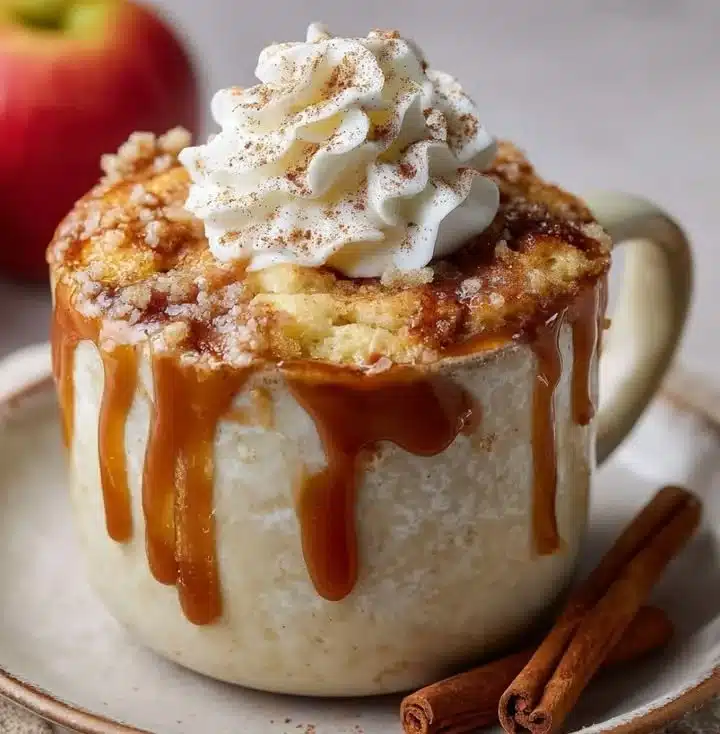 Apple Cinnamon Cottage Cheese Mug Cake 1 Apple Cinnamon Cottage Cheese Mug Cake topped with cinnamon and apple slices.