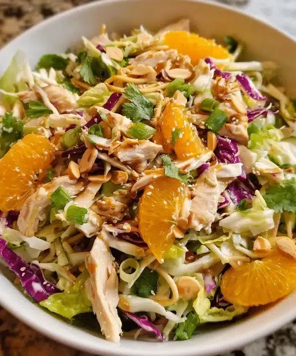Bowl of fresh Asian Chicken Salad topped with colorful veggies and sesame dressing.