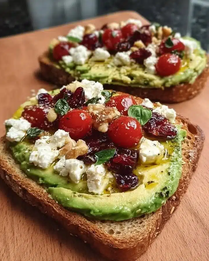 Delicious avocado feta toast garnished with herbs on a wooden board