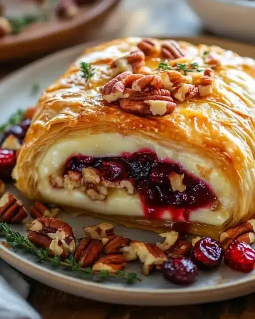 Baked Brie with puff pastry, cranberry-pepper jelly, and pecans on a wooden board