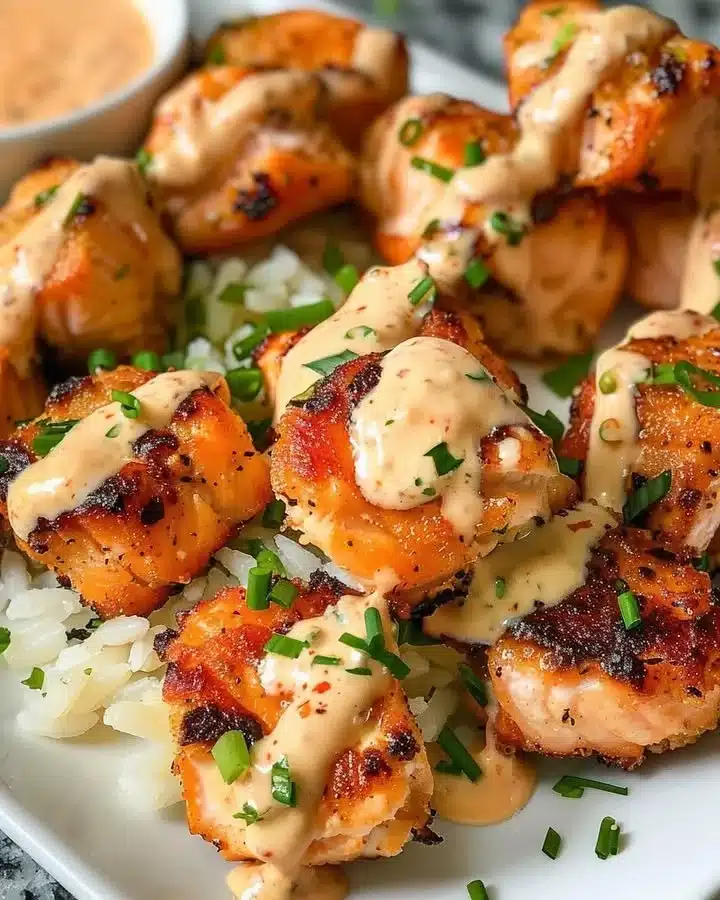 Bang Bang Cajun Salmon Delights 1 Bang Bang Cajun Salmon plate beautifully presented with vibrant garnishes