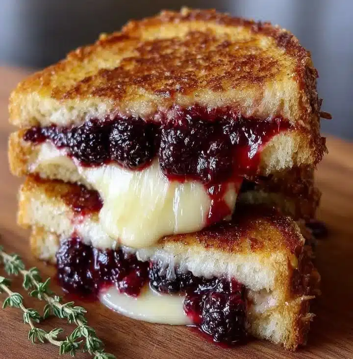 Brie and blackberry jam grilled cheese sandwich on a rustic table