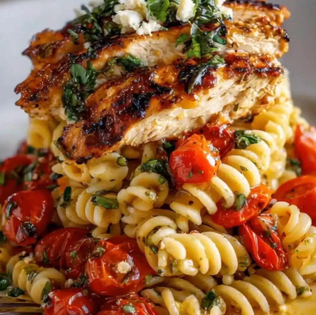 Bruschetta Chicken Pasta Stack garnished with fresh basil and tomatoes