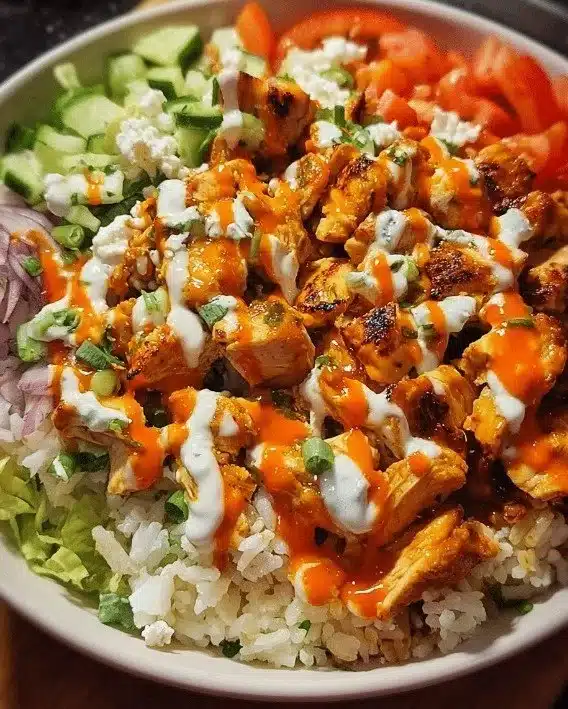 Buffalo Chicken Bowls 1 Delicious Buffalo Chicken Bowl with fresh ingredients and spicy sauce.