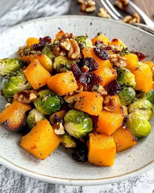 Roasted butternut squash and Brussels sprouts dish garnished with herbs