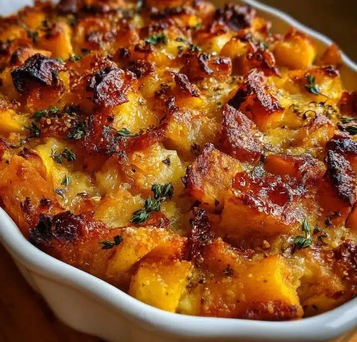 Butternut Squash Apple Bake 1 Butternut squash and apple bake served in a rustic dish