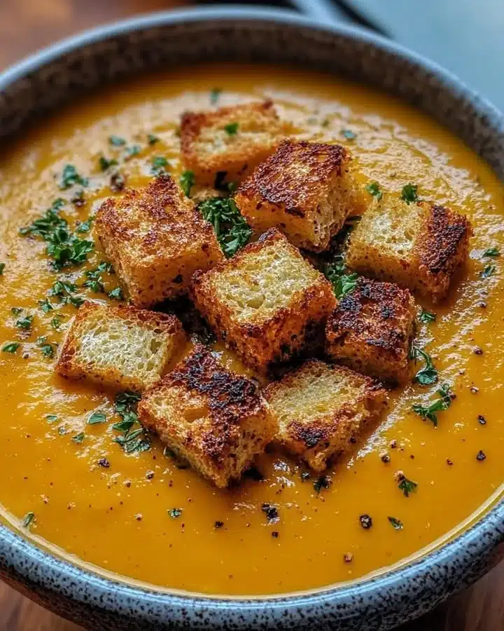 Butternut Squash Soup 1 Bowl of creamy butternut squash soup garnished with herbs and croutons
