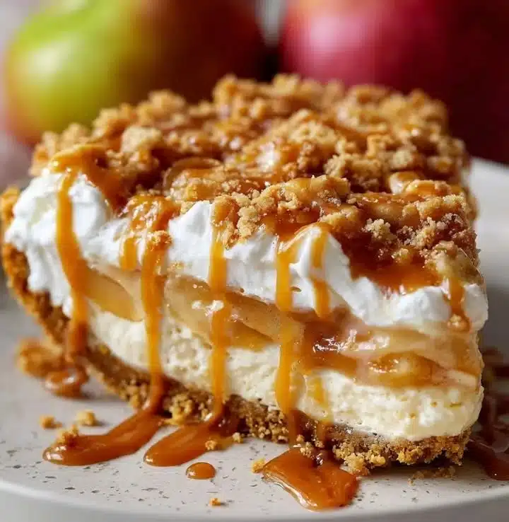 Caramel Apple Pie Lush 1 Delicious Caramel Apple Pie Lush dessert with layers of caramel and apples.