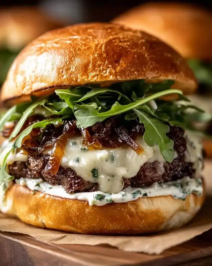 Caramelized Onion and Garlic Burger with Creamy Herb Sauce 1 Caramelized onion and garlic burger served with creamy herb sauce