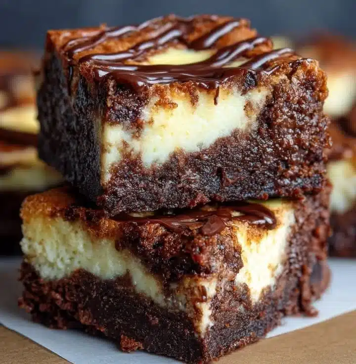 Cheesecake Brownies 1 Delicious cheesecake brownies with creamy swirls and rich chocolate.