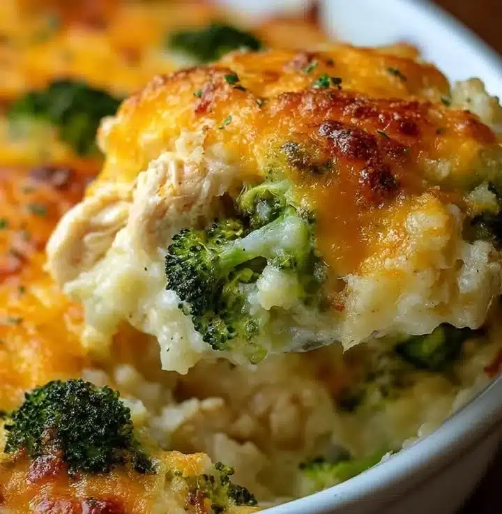 Cheesy baked potato casserole with chicken and broccoli topped with melted cheese