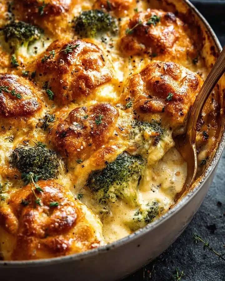 Cheesy Broccoli Pretzel Casserole prepared in a baking dish, topped with pretzel crumbs