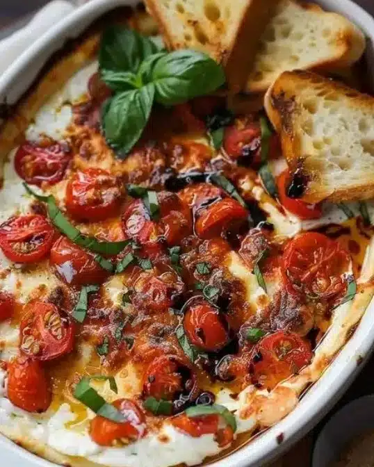 Cheesy Bruschetta Dip 1 Delicious cheesy bruschetta dip served in a bowl with fresh ingredients.