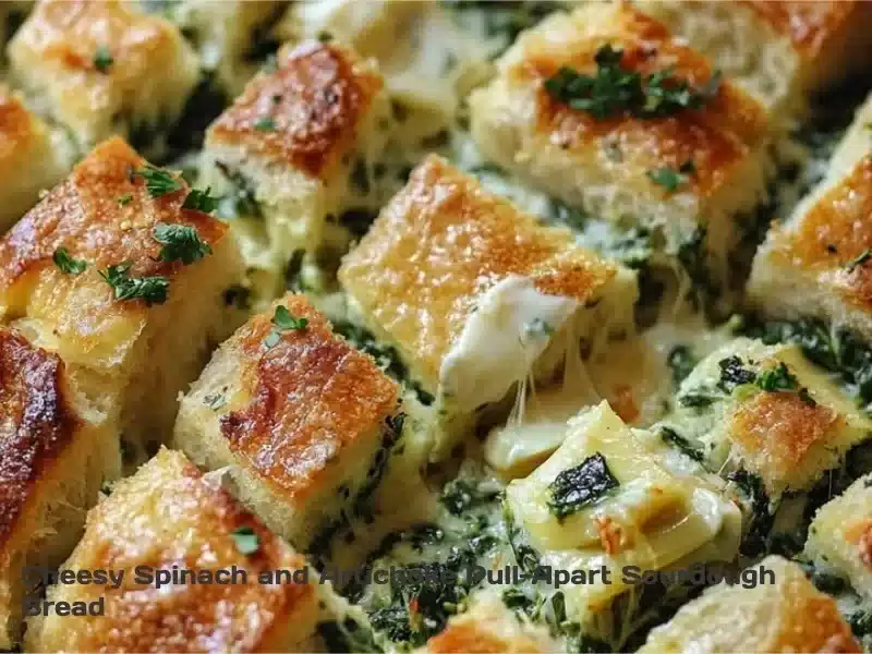 Cheesy spinach and artichoke pull-apart sourdough bread topped with melted cheese.