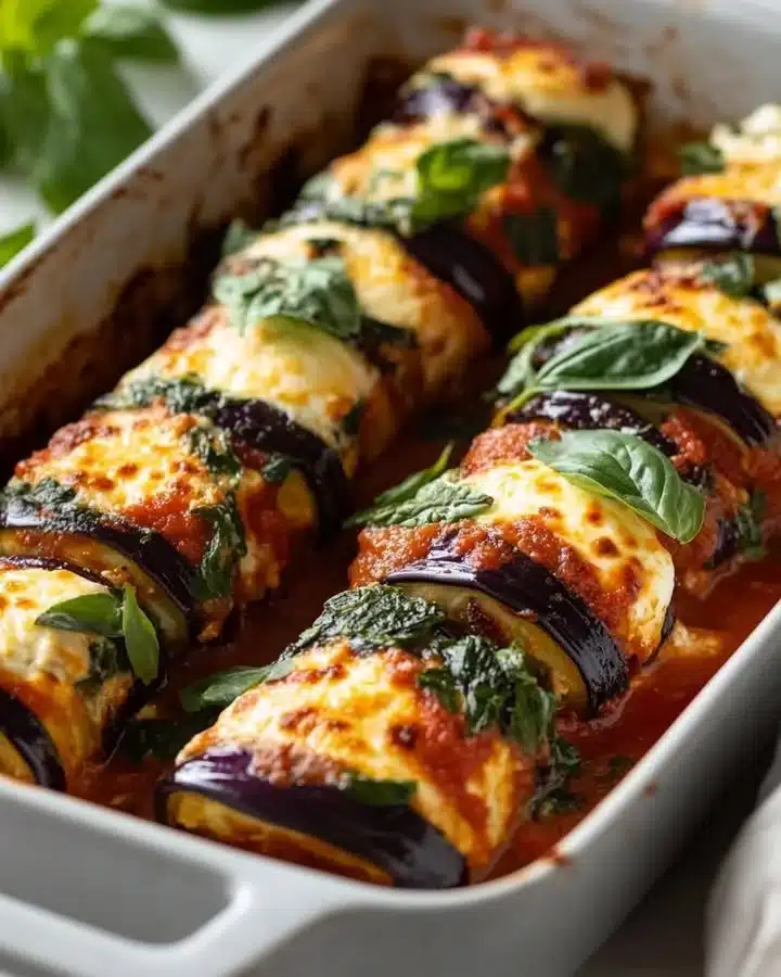 Cheesy spinach-ricotta eggplant roll-ups on a plate garnished with herbs