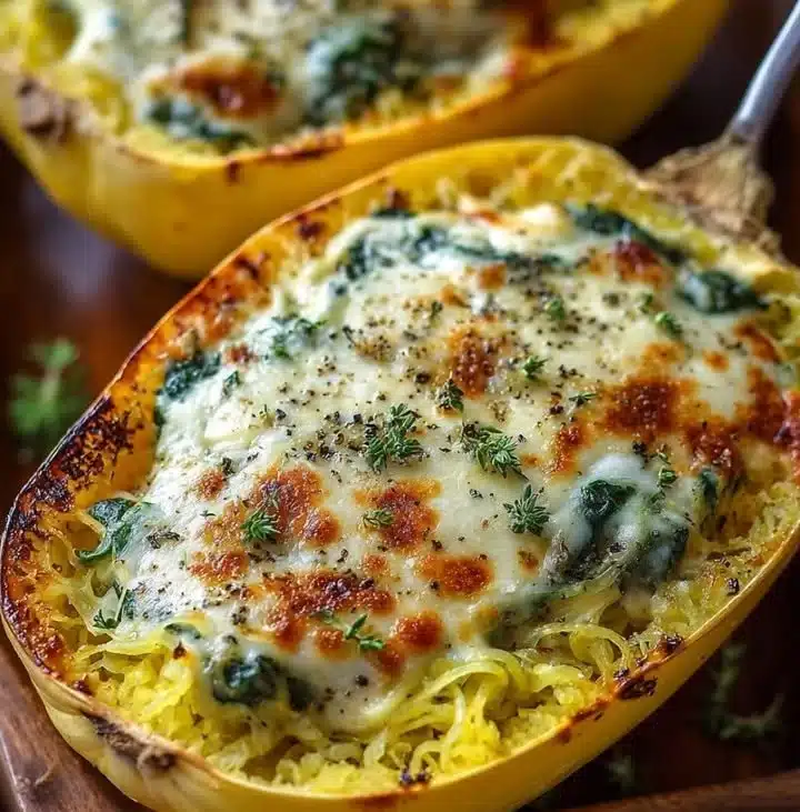 Baked cheesy spinach stuffed spaghetti squash drizzled with garlic sage butter