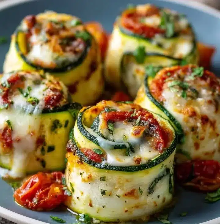 Cheesy zucchini roll-ups filled with cheese and herbs, served on a plate.