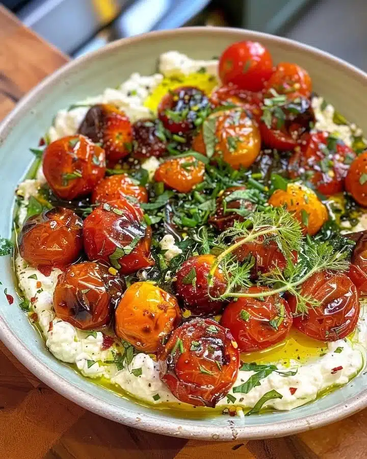 Cherry tomato confit served with creamy whipped feta on a rustic plate