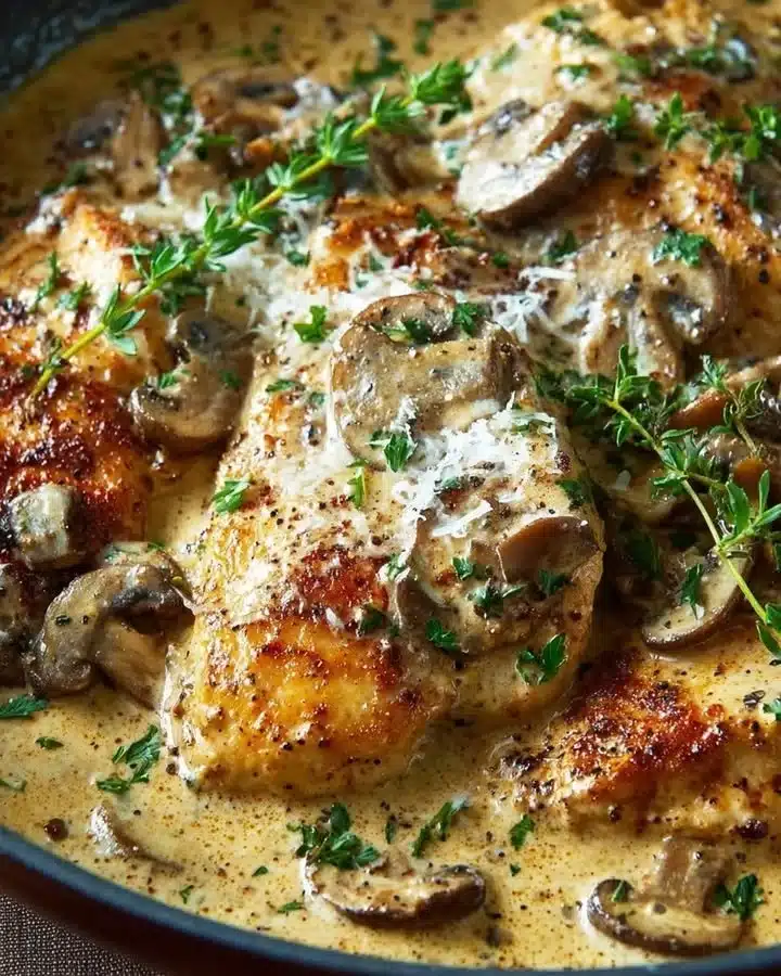 Chicken mushroom skillet in creamy Asiago and mustard sauce