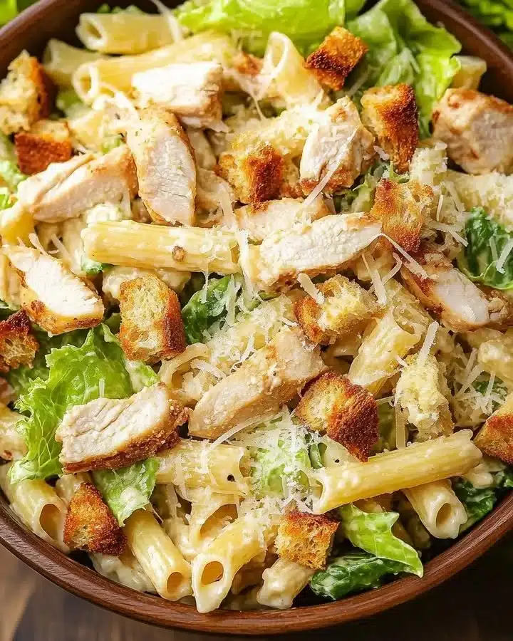 Delicious Chicken Caesar Pasta Salad with greens and dressing