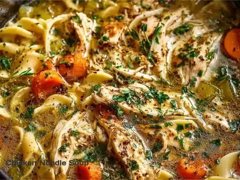 Bowl of homemade chicken noodle soup with fresh vegetables and herbs