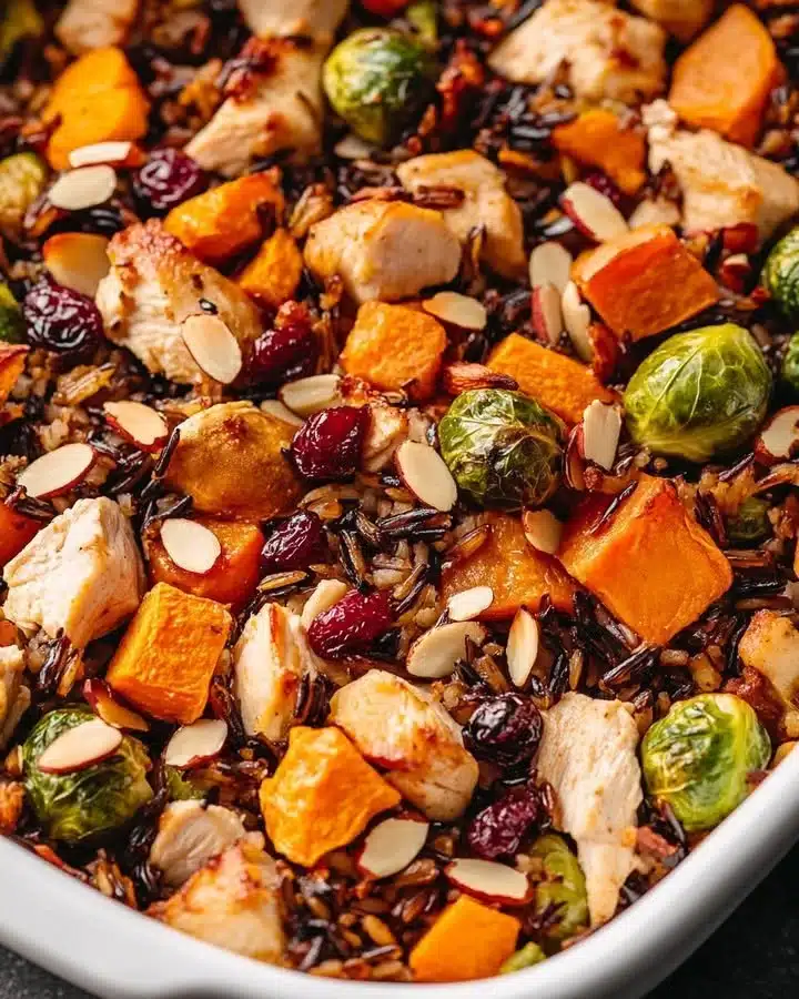 Delicious chicken, sweet potato, and Brussels sprouts wild rice bake dish