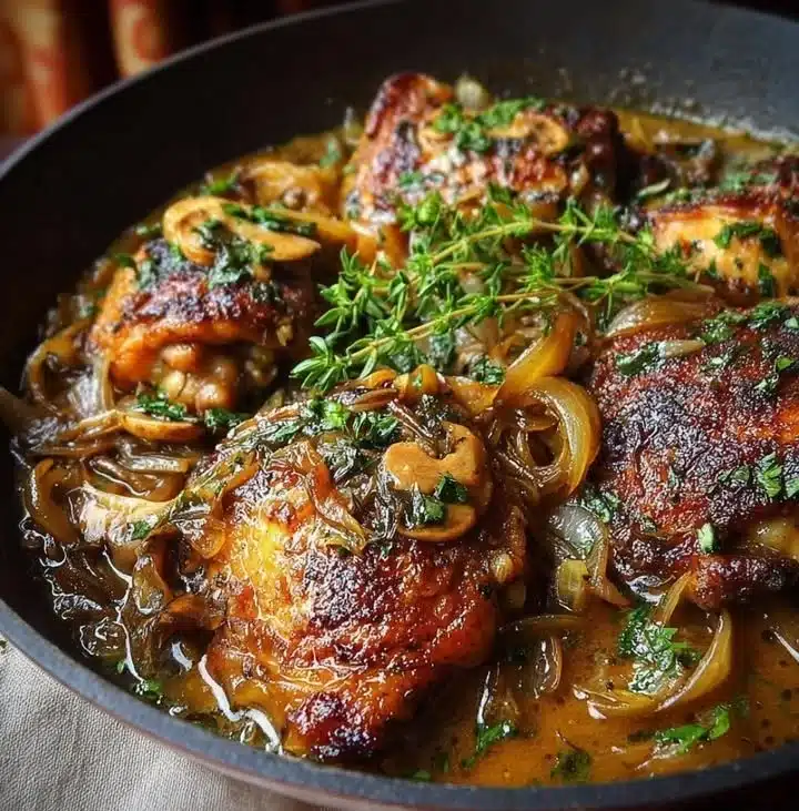 Delicious cider-braised chicken with caramelized onions and herbs served on a plate