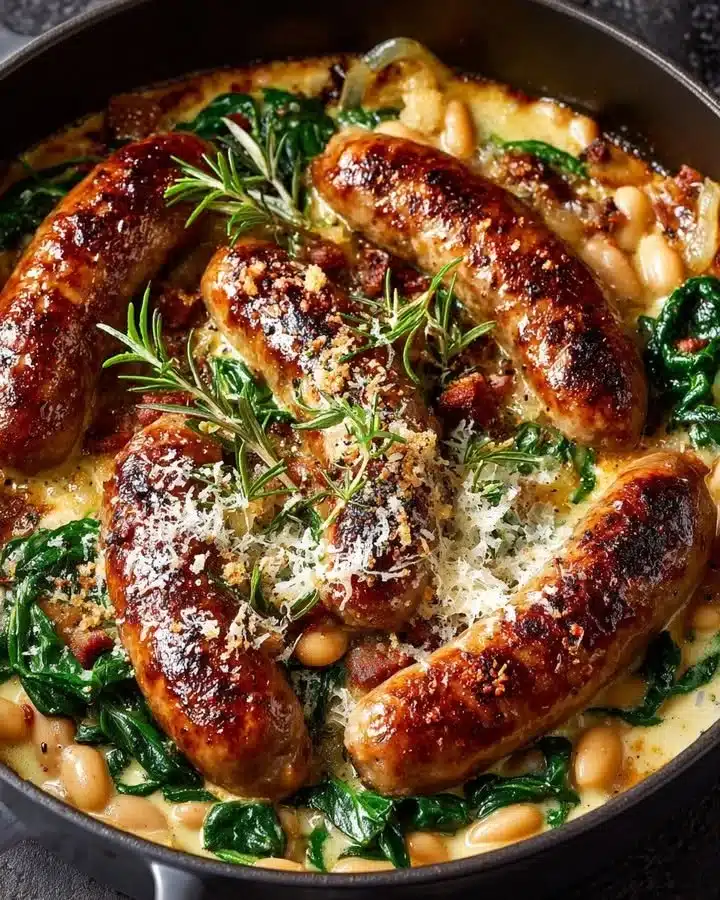 Creamy bean spinach skillet with chicken sausage, a delicious one-pan meal.