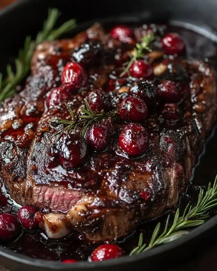Cranberry Balsamic Ribeye Roast garnished with fresh herbs on a wooden table.
