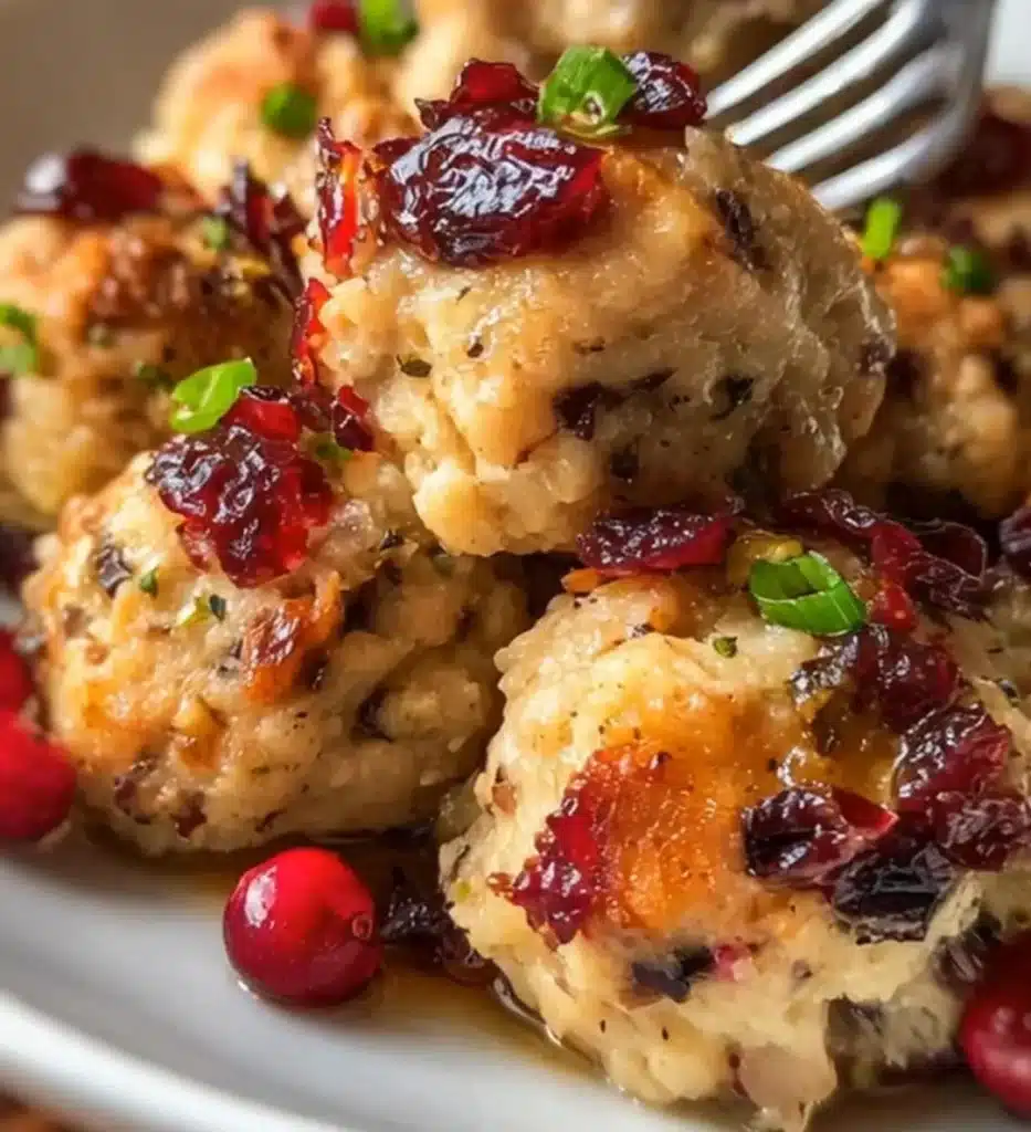 Plate of cranberry turkey stuffing balls ready for the holiday feast