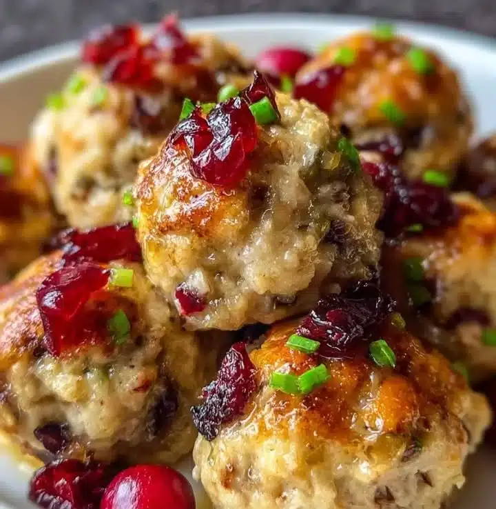 Cranberry Turkey Stuffing Balls served on a festive plate