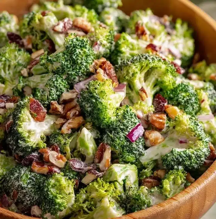 Creamy broccoli salad with fresh vegetables and a rich dressing.