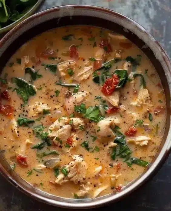 Creamy Chicken Soup 1 Bowl of creamy chicken soup garnished with herbs