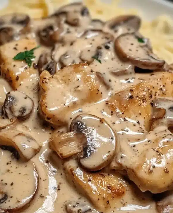 Creamy Chicken with Mushrooms and Dijon Sauce 1 Creamy chicken with mushrooms and Dijon sauce served on a plate