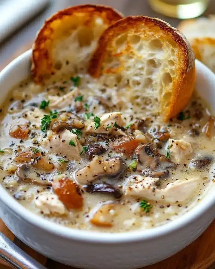 Creamy Chicken Mushroom Wild Rice Soup in a bowl, garnished with fresh herbs.