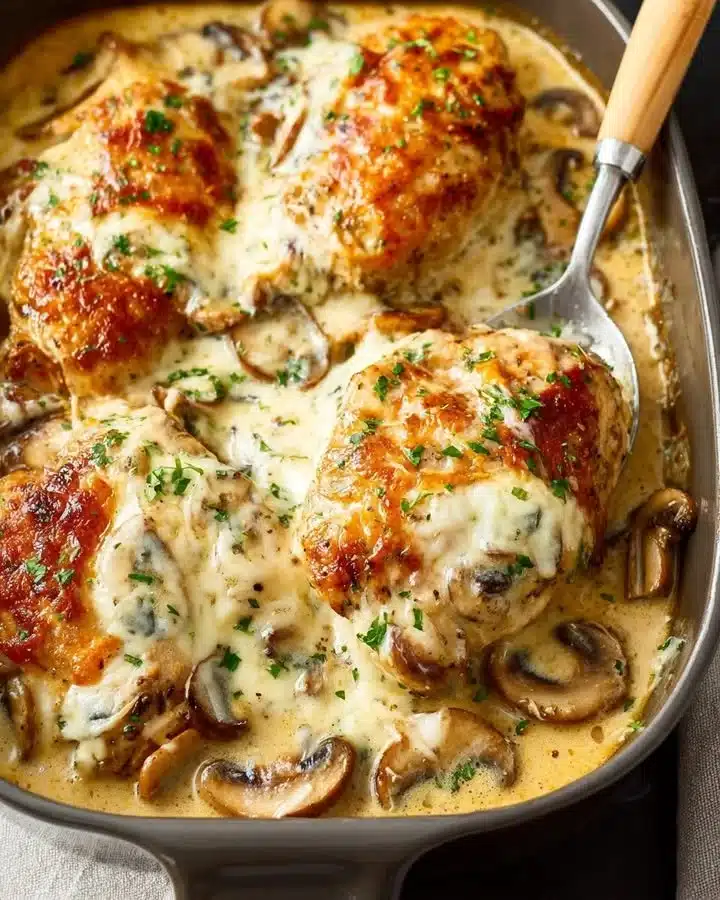 Creamy Muenster Chicken Casserole 1 Delicious Creamy Muenster Chicken Casserole served in a ceramic dish