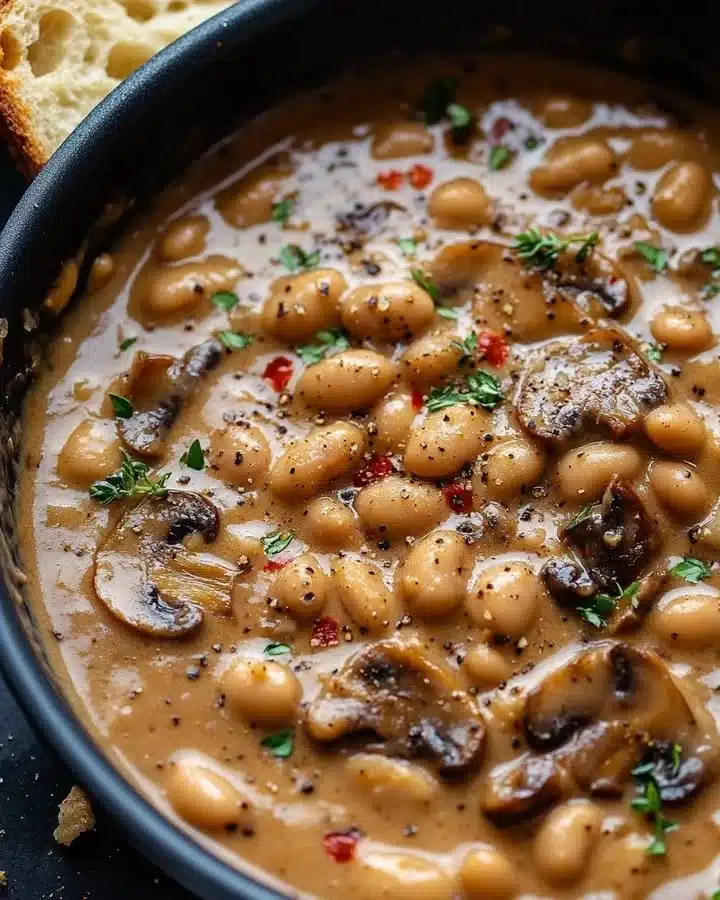 Creamy mushroom and white bean skillet dish served in a pan.