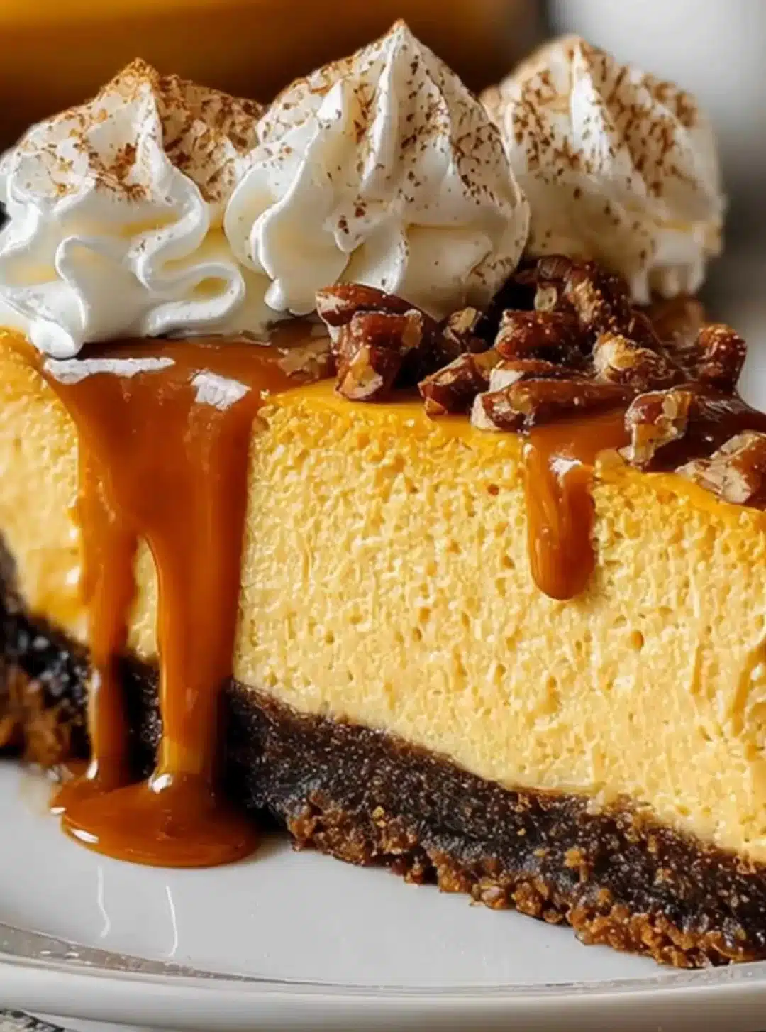 Creamy Pumpkin Cheesecake with Pecan Gingersnap Crust 1 Creamy pumpkin cheesecake slice with pecan gingersnap crust