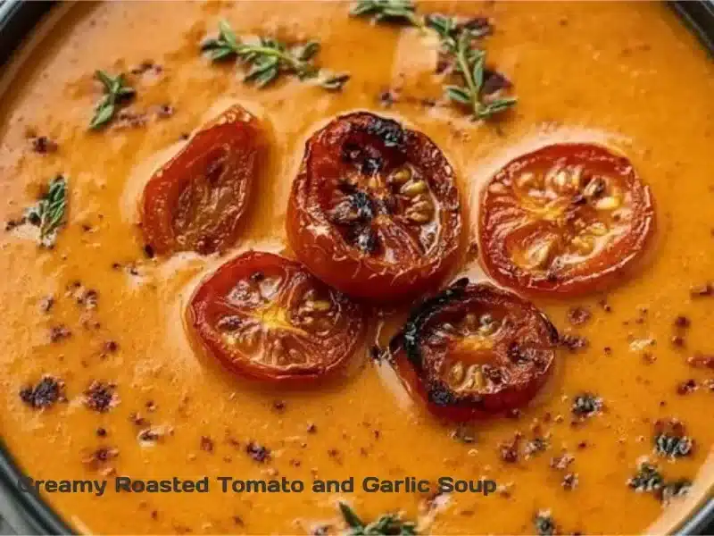 Bowl of creamy roasted tomato and garlic soup with garnished herbs