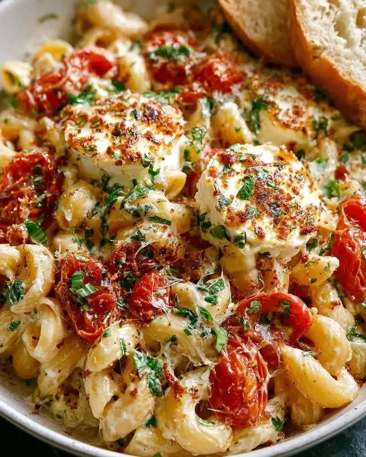 Creamy Roasted Tomato and Herb Pasta Bake 1 Creamy roasted tomato and herb pasta bake served in a baking dish