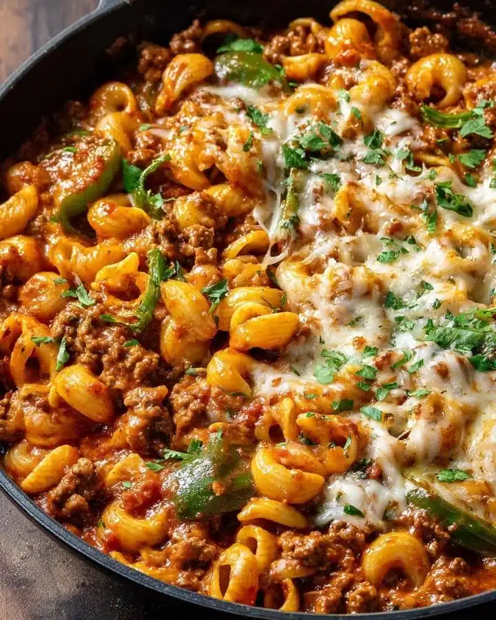 Creamy spicy beef poblano pasta skillet with fresh ingredients in a pan.