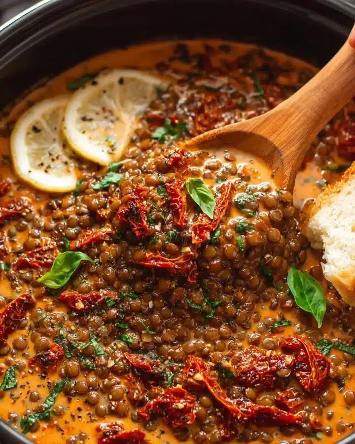 Creamy Sun-Dried Tomato Lentils 1 Creamy sun-dried tomato lentils dish served in a bowl with herbs