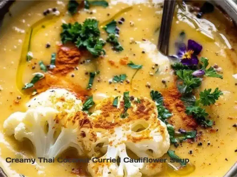 Creamy Thai coconut curried cauliflower soup in a bowl.