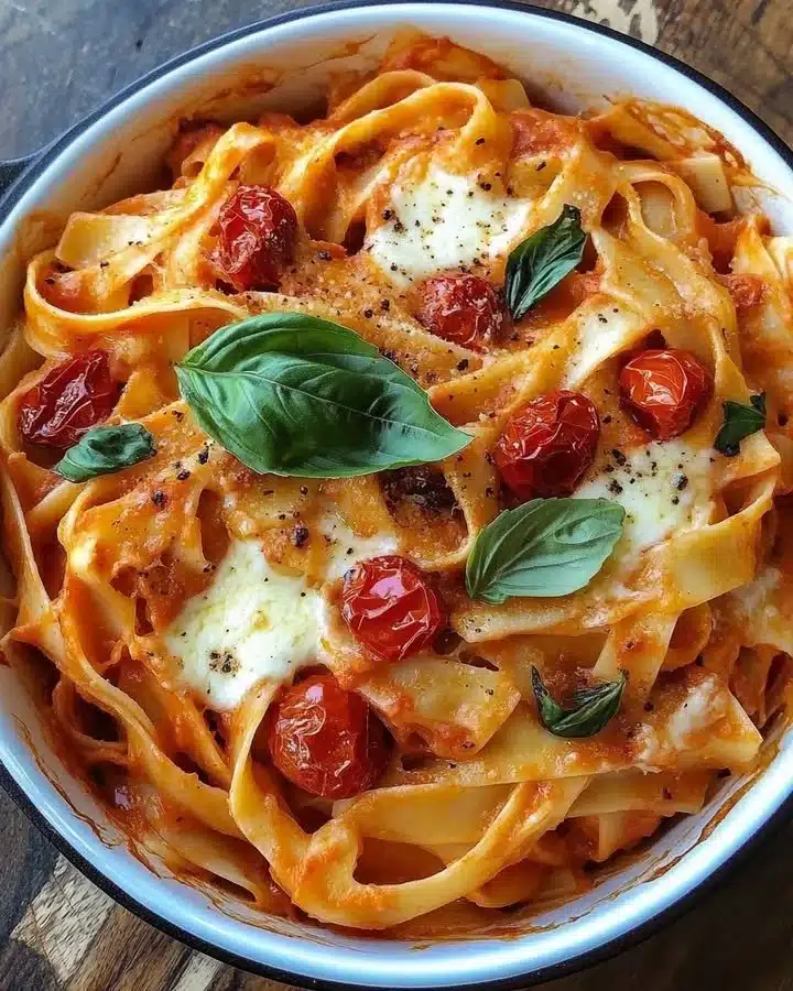 Creamy Tomato Basil Pasta Bake 1 Creamy Tomato Basil Pasta Bake with fresh basil and tomatoes in a casserole dish