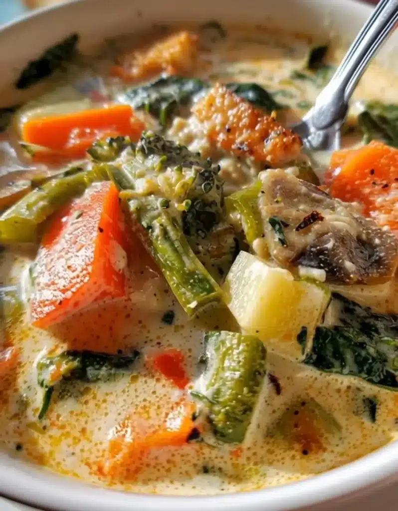Creamy vegetable soup filled with colorful vegetables in a bowl