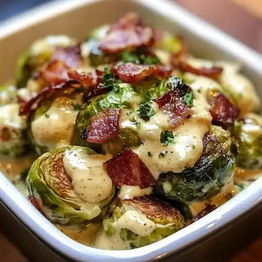 Crispy Brussels Sprouts with Bacon and Creamy Mustard Sauce 1 Crispy Brussels sprouts with bacon and creamy mustard sauce on a plate