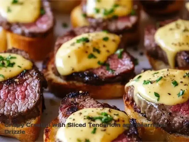 Crispy Crostini with sliced tenderloin and Béarnaise sauce on a plate