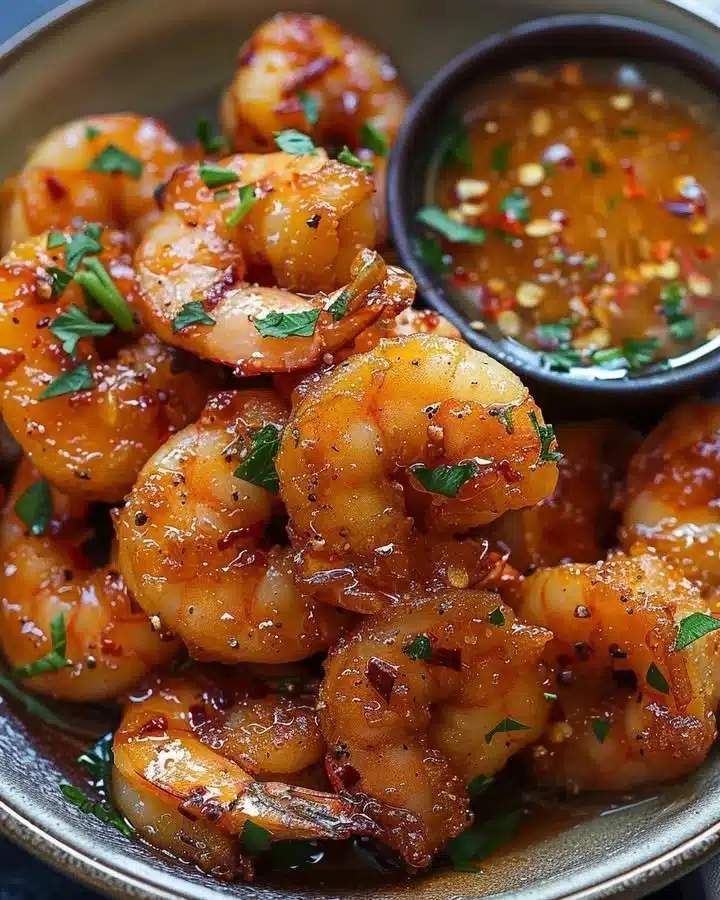 Crispy honey-glazed shrimp garnished with sesame seeds on a white plate