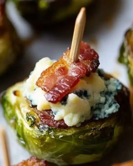 Crispy Roasted Brussels Sprouts with Blue Cheese & Bacon Bites 1 Crispy Roasted Brussels Sprouts with Blue Cheese and Bacon, served on a platter.